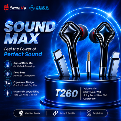 ZOOK SOUND MAX T260 Wired Earphones | Type-C + Lightning + 3.5mm